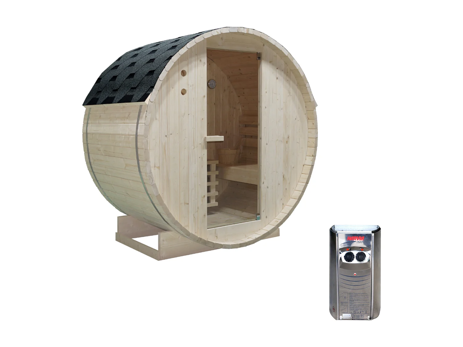 Sauna extérieur en tonneau 2 places avec poêle 3,5KW - L185 x P120 x H190 cm - ISOKYRO
