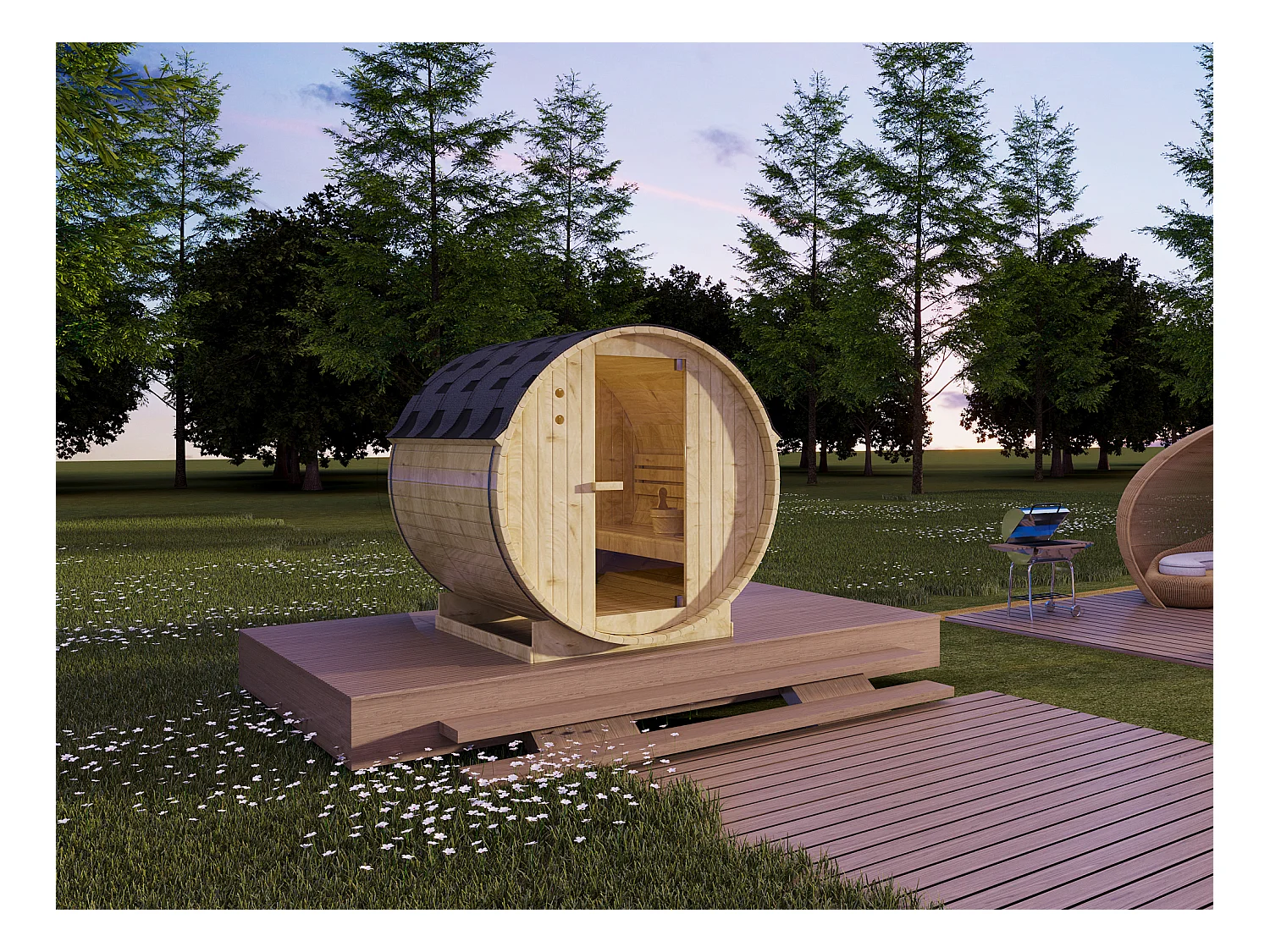 Sauna extérieur en tonneau 4 places avec poêle 6KW - L185 x P180 x H190 cm - ISOKYRO