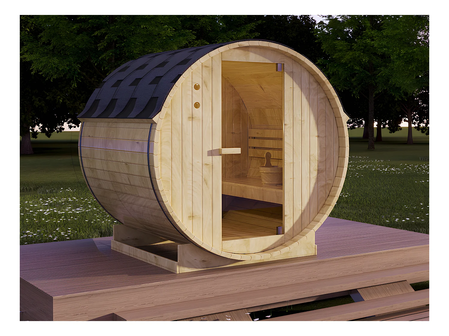 Sauna extérieur en tonneau 4 places avec poêle 6KW - L185 x P180 x H190 cm - ISOKYRO