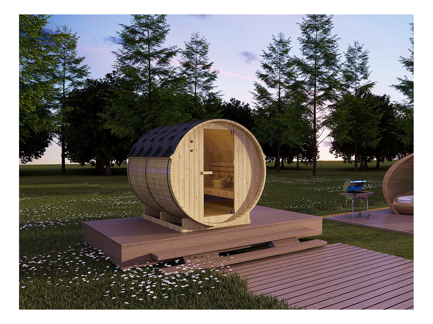 Sauna extérieur en tonneau 6 places avec poêle 8KW - L185 x P220 x H190 cm - ISOKYRO