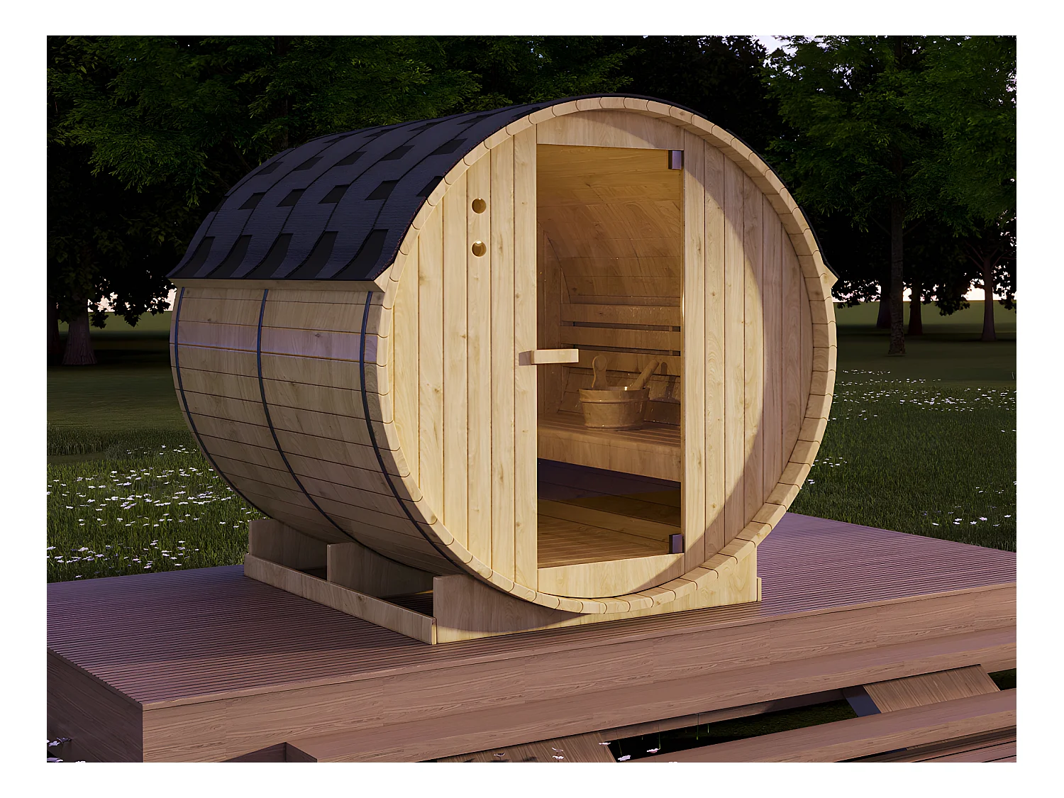 Sauna extérieur en tonneau 6 places avec poêle 8KW - L185 x P220 x H190 cm - ISOKYRO