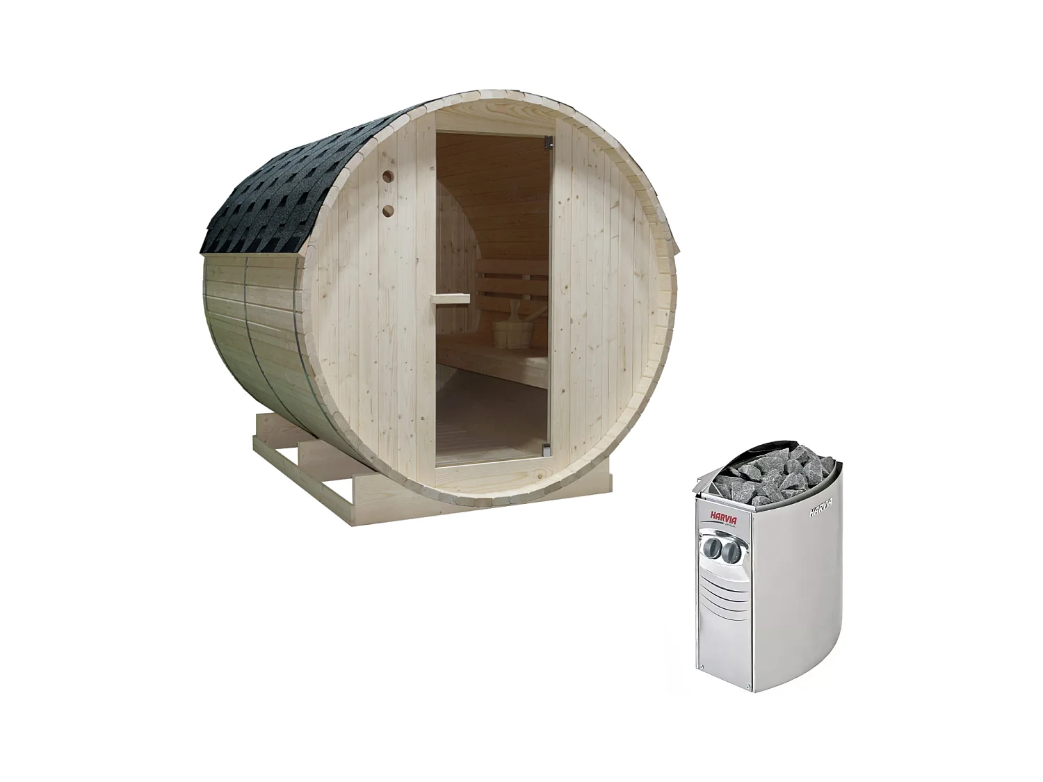 Sauna extérieur en tonneau 6 places avec poêle 8KW - L185 x P220 x H190 cm - ISOKYRO