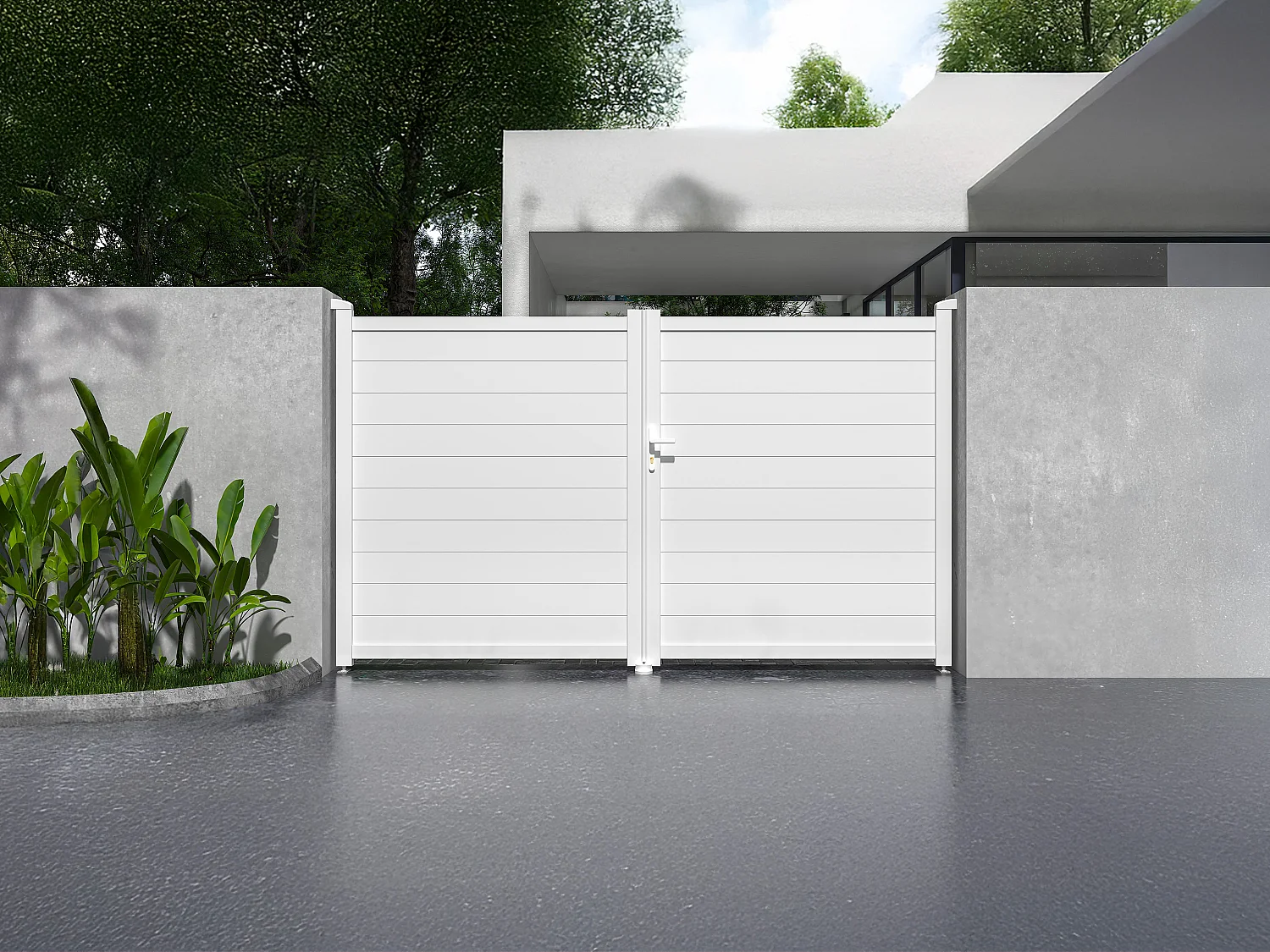 Portail électrique battant aluminium plein L305 x H181 cm blanc - NAZARIO