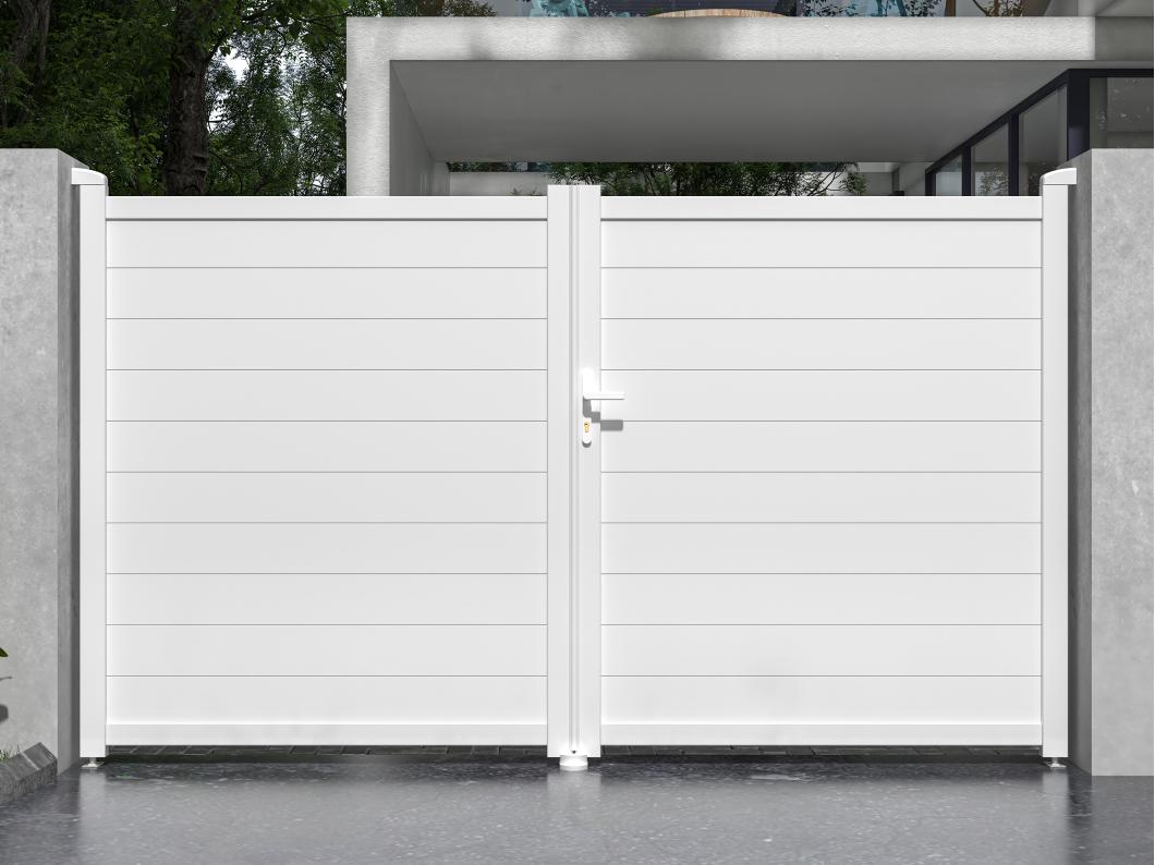 Portón eléctrico batiente de aluminio Ancho 305 x Alt. 181 cm blanco - NAZARIO