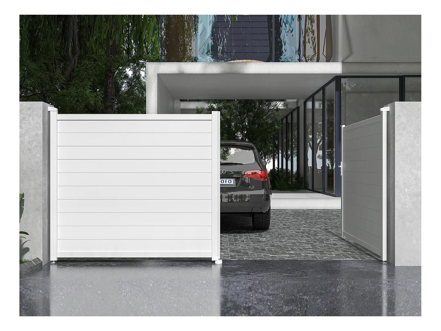 Portail électrique battant aluminium plein L355 x H181 cm blanc - NAZARIO