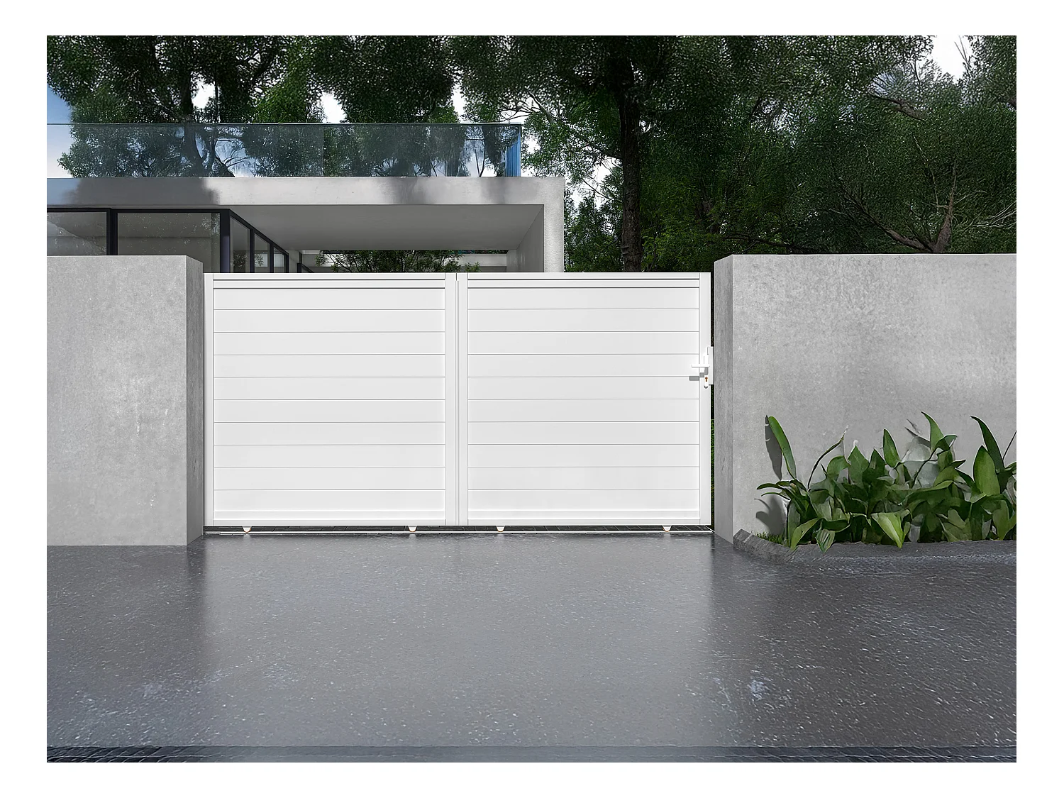 Portail électrique coulissant aluminium plein L374 x H180 cm blanc - NAZARIO