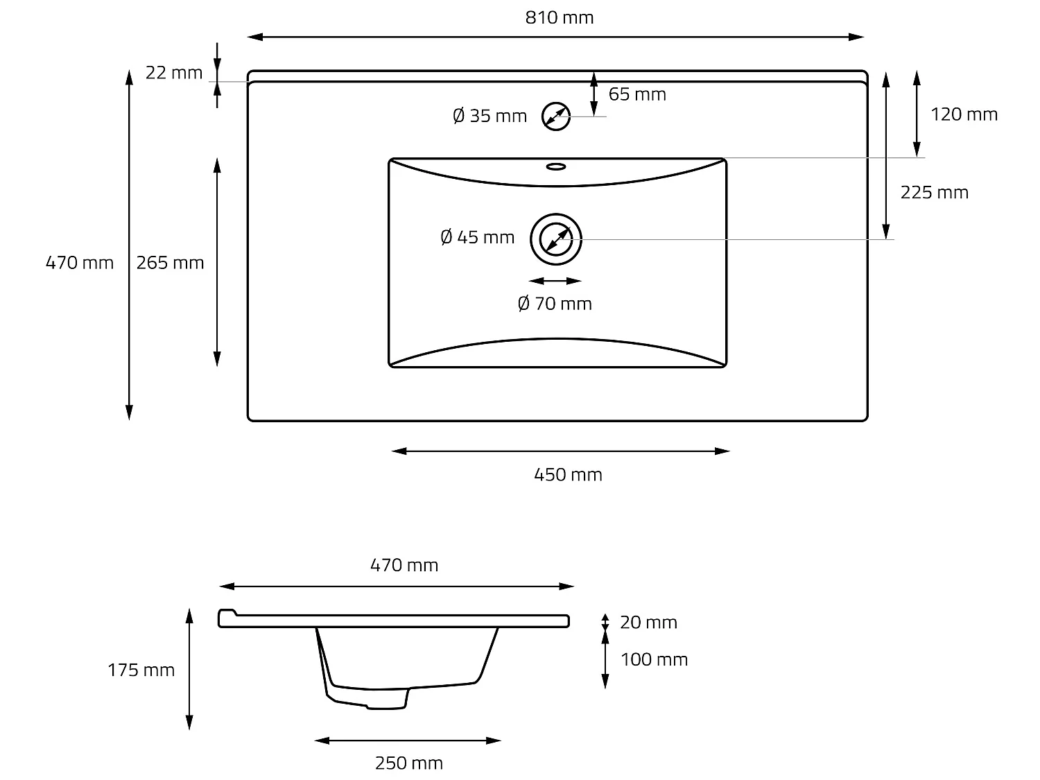 Lavabo à encastrer noir mat céramique 810x470x175mm ML-DESIGN