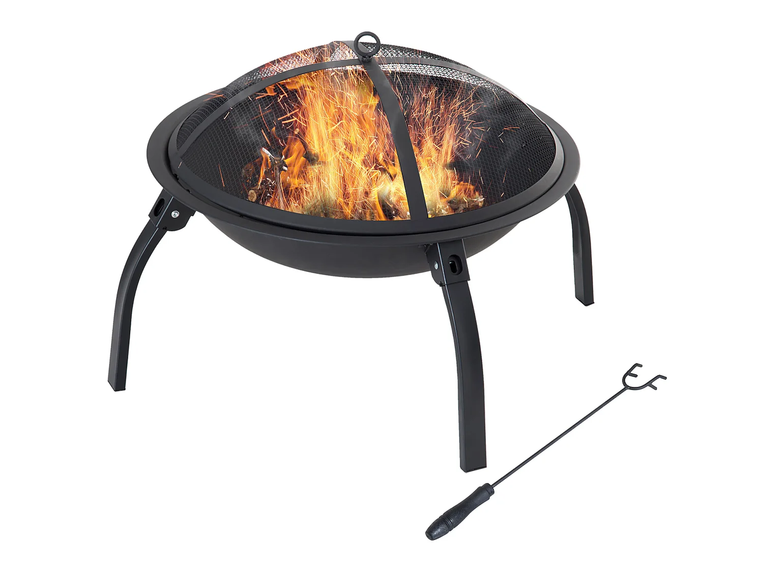 Brasero boule de feu cheminée foyer extérieur 71L x 71l x 40H cm pieds rétractables grille à charbon couvercle tisonnier métal noir