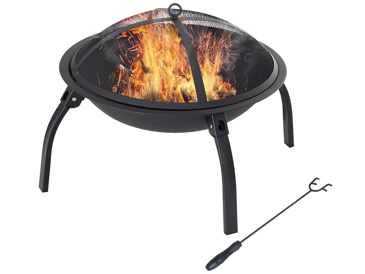 Brasero boule de feu cheminée foyer extérieur 71L x 71l x 40H cm pieds rétractables grille à charbon couvercle tisonnier métal noir