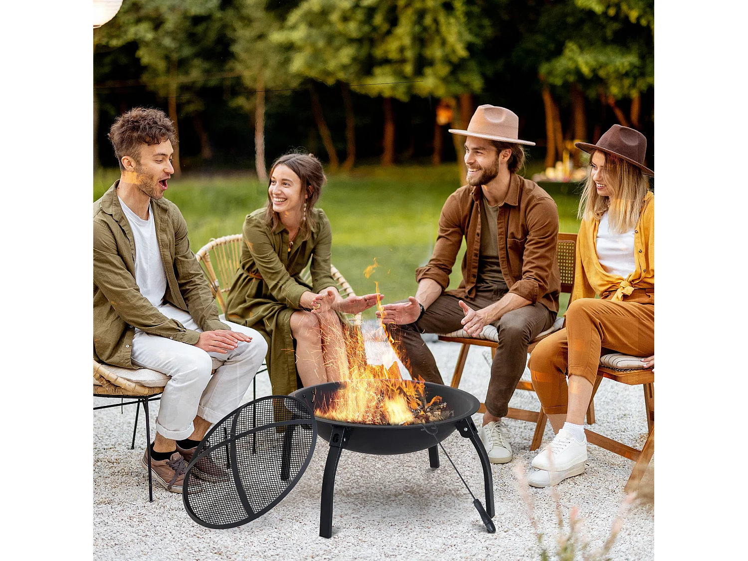 Brasero boule de feu cheminée foyer extérieur 71L x 71l x 40H cm pieds rétractables grille à charbon couvercle tisonnier métal noir