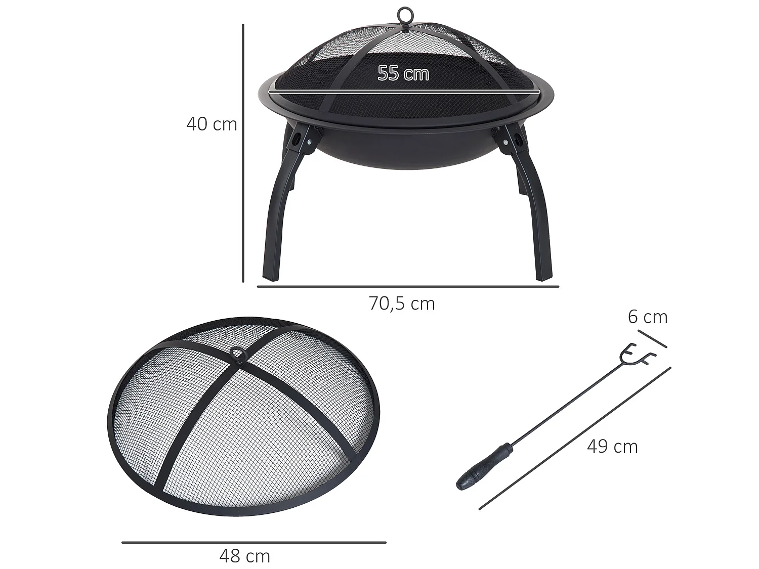 Brasero boule de feu cheminée foyer extérieur 71L x 71l x 40H cm pieds rétractables grille à charbon couvercle tisonnier métal noir