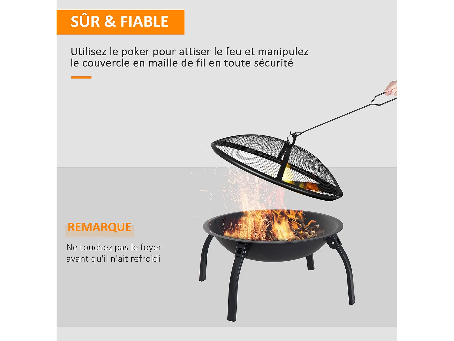 Brasero boule de feu cheminée foyer extérieur 71L x 71l x 40H cm pieds rétractables grille à charbon couvercle tisonnier métal noir
