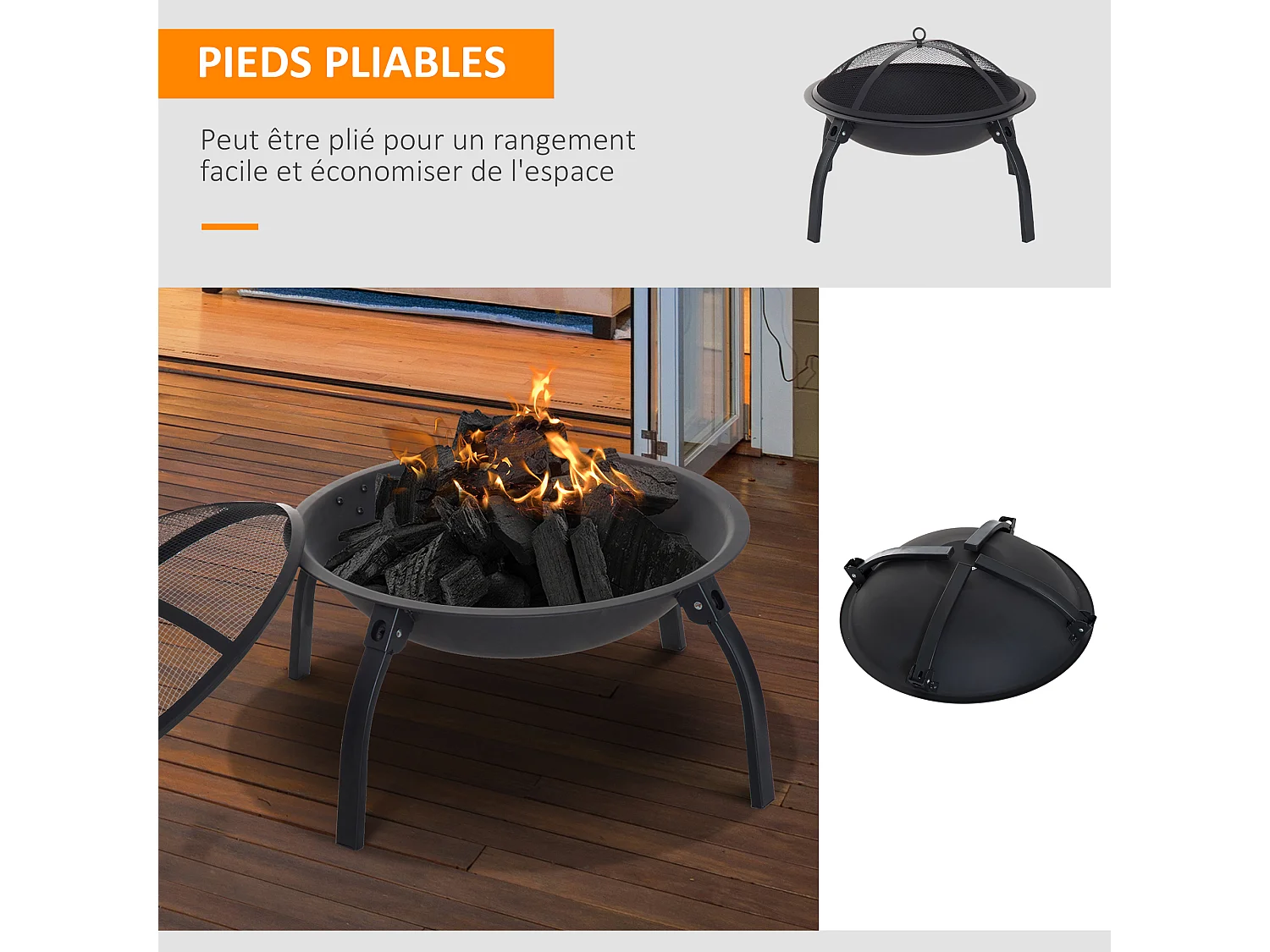 Brasero boule de feu cheminée foyer extérieur 71L x 71l x 40H cm pieds rétractables grille à charbon couvercle tisonnier métal noir