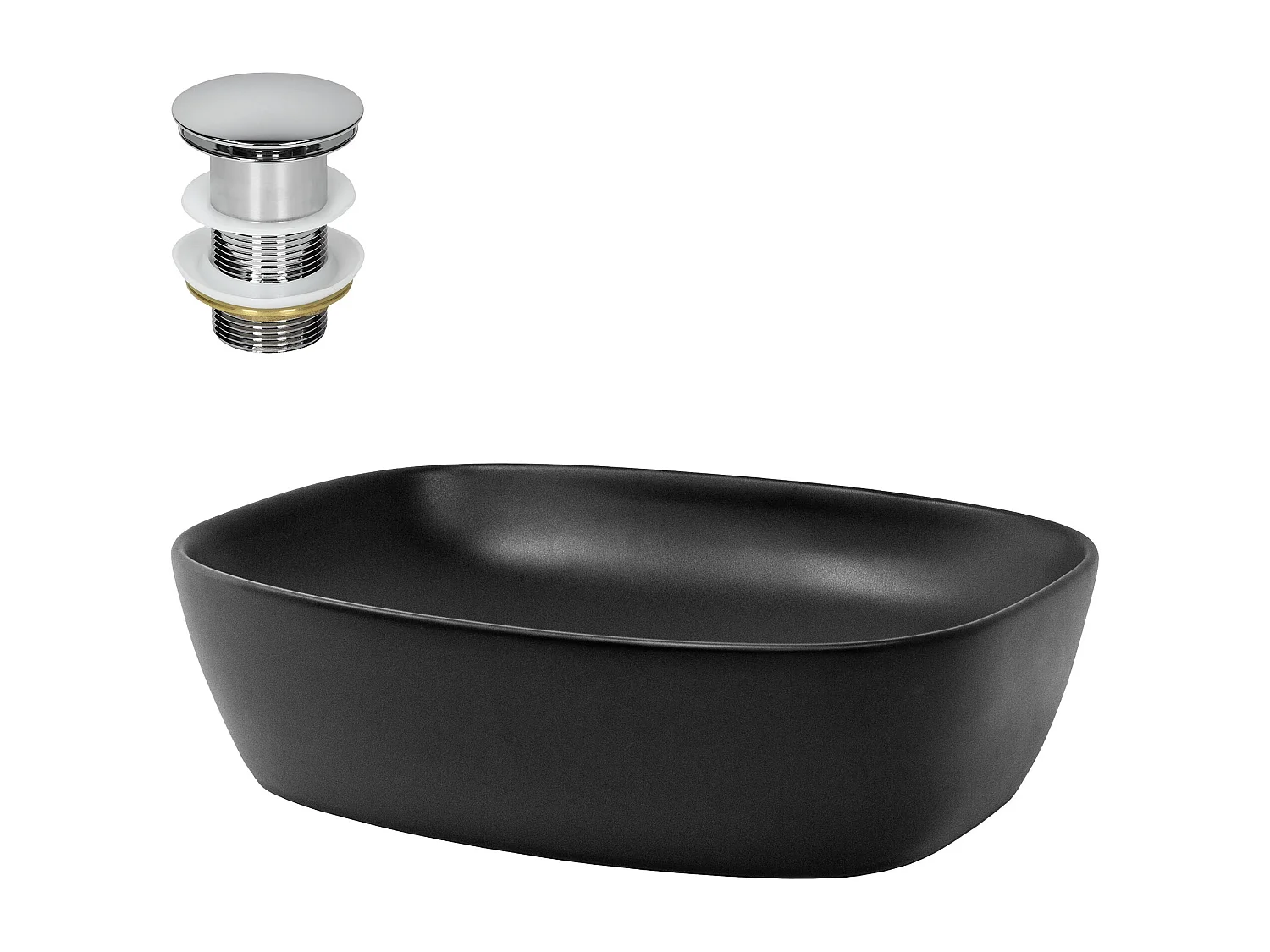 Lavabo negro mate cerámico 505x385x140 mm ovalado con juego de desagüe plateado