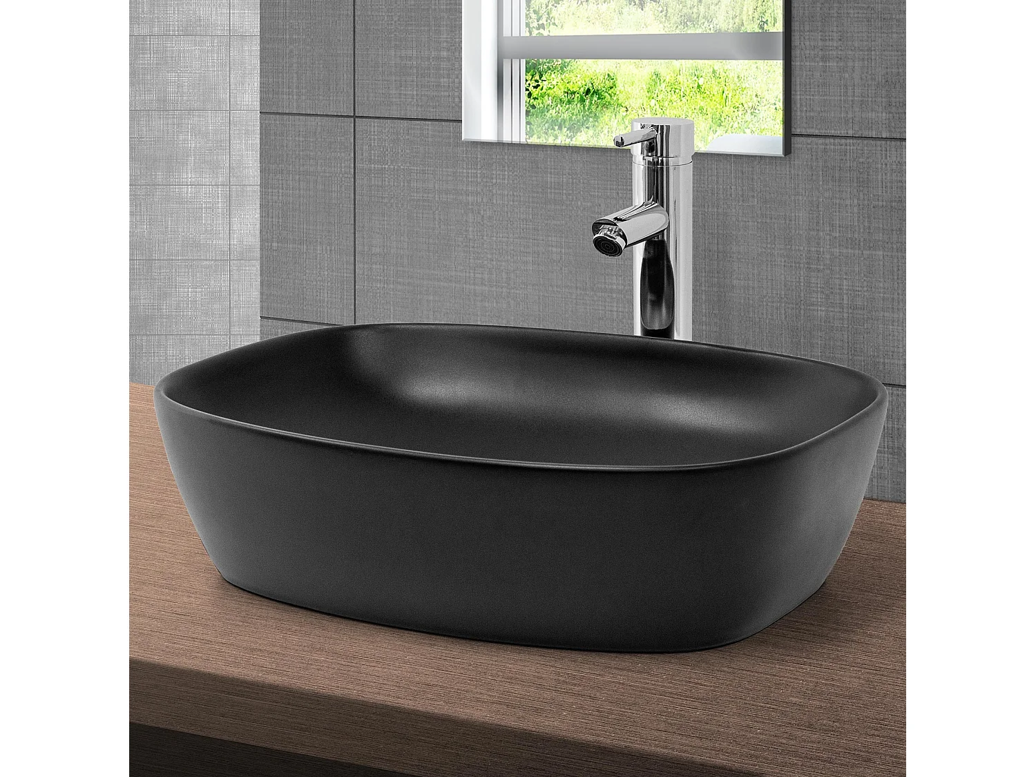 Lavabo negro mate cerámico 505x385x140 mm ovalado con juego de desagüe plateado