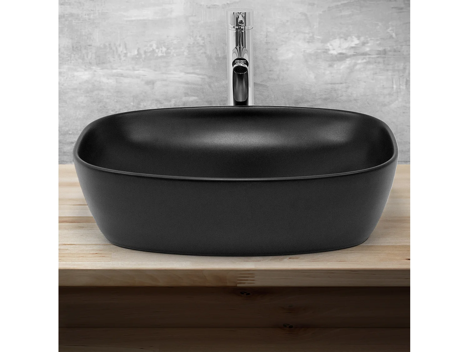 Lavabo negro mate cerámico 505x385x140 mm ovalado con juego de desagüe plateado