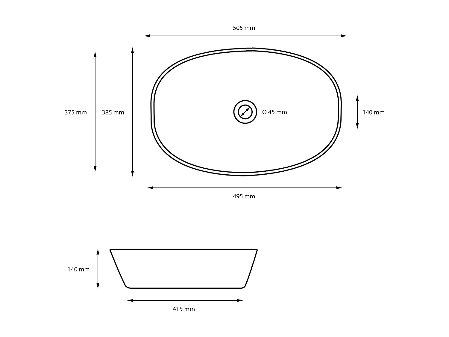 Lavabo negro mate cerámico 505x385x140 mm ovalado con juego de desagüe plateado