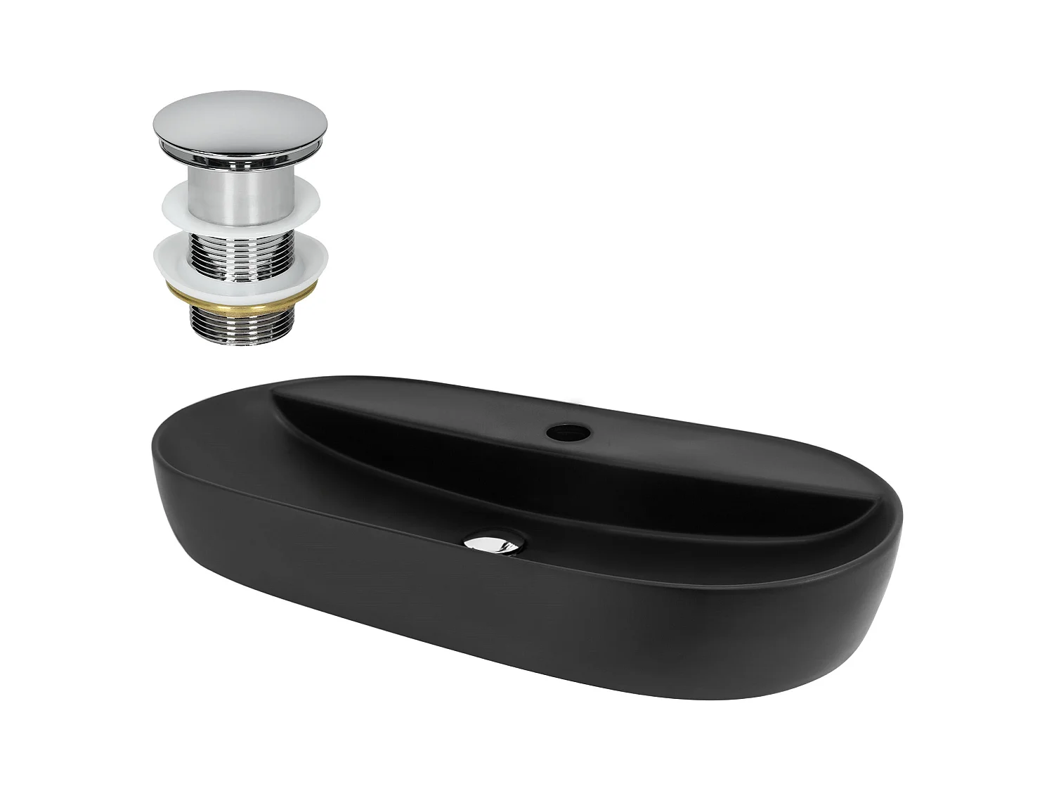 Vasque à poser céramique noir lavabo avec garniture de vidage chrome 800x400 mm