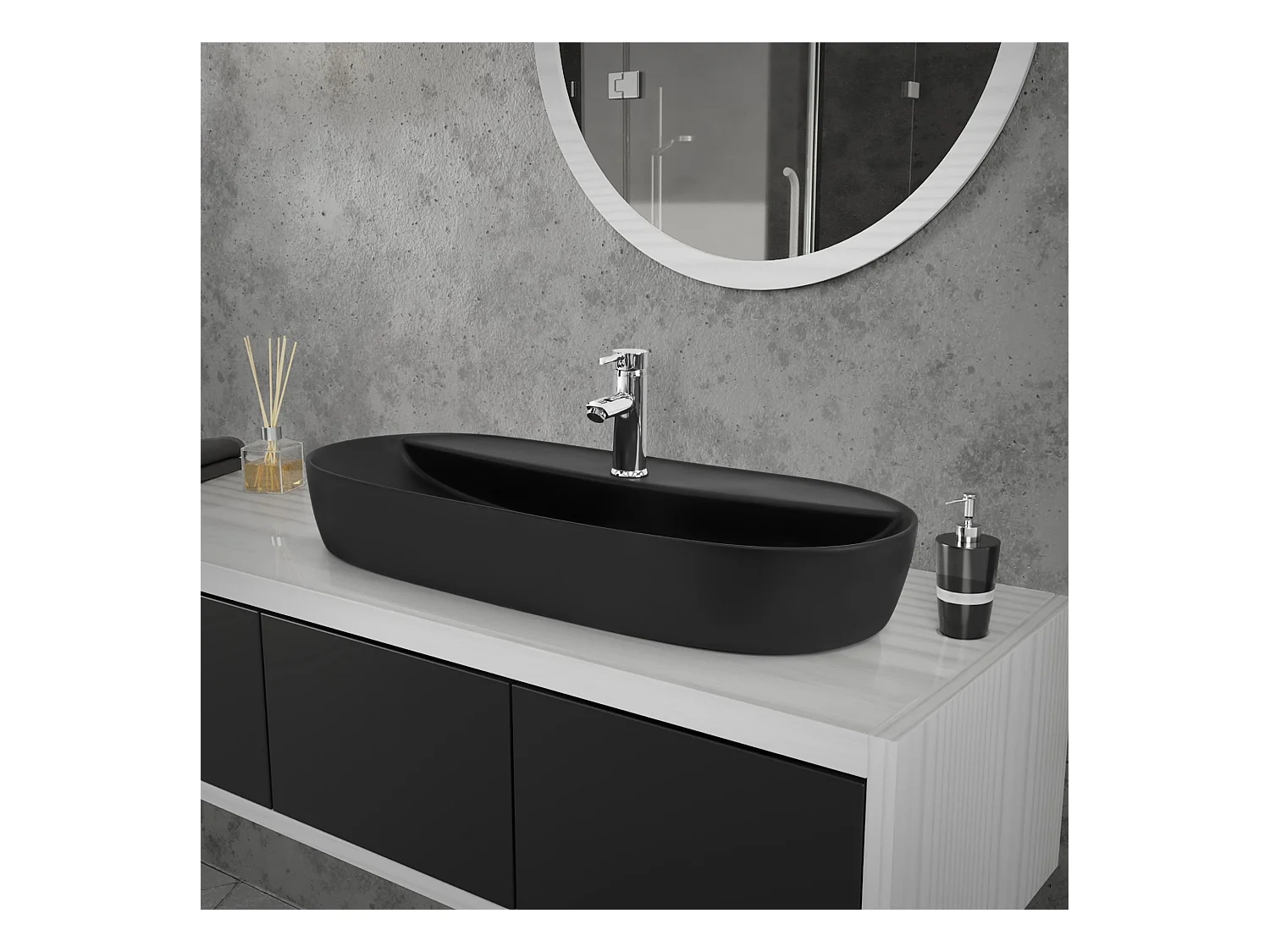 Lavabo ovalado negro cerámico con desagüe cromado 800 x 400 x 120 mm para baño