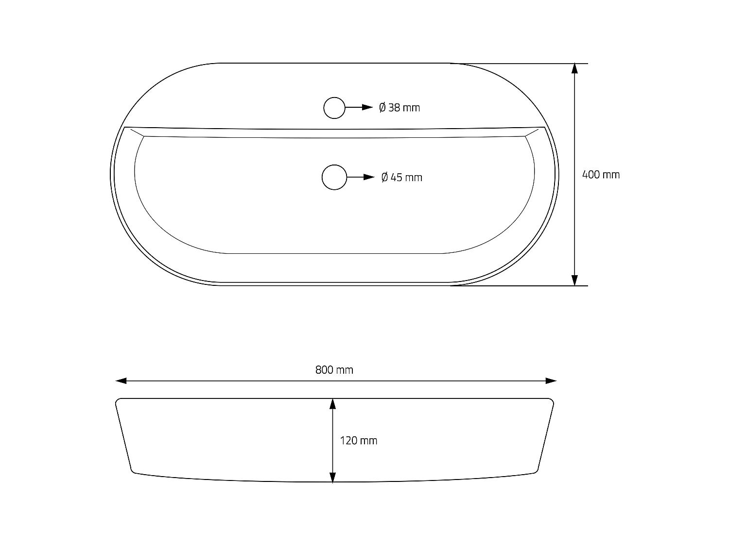 Lavabo ovalado negro cerámico con desagüe cromado 800 x 400 x 120 mm para baño