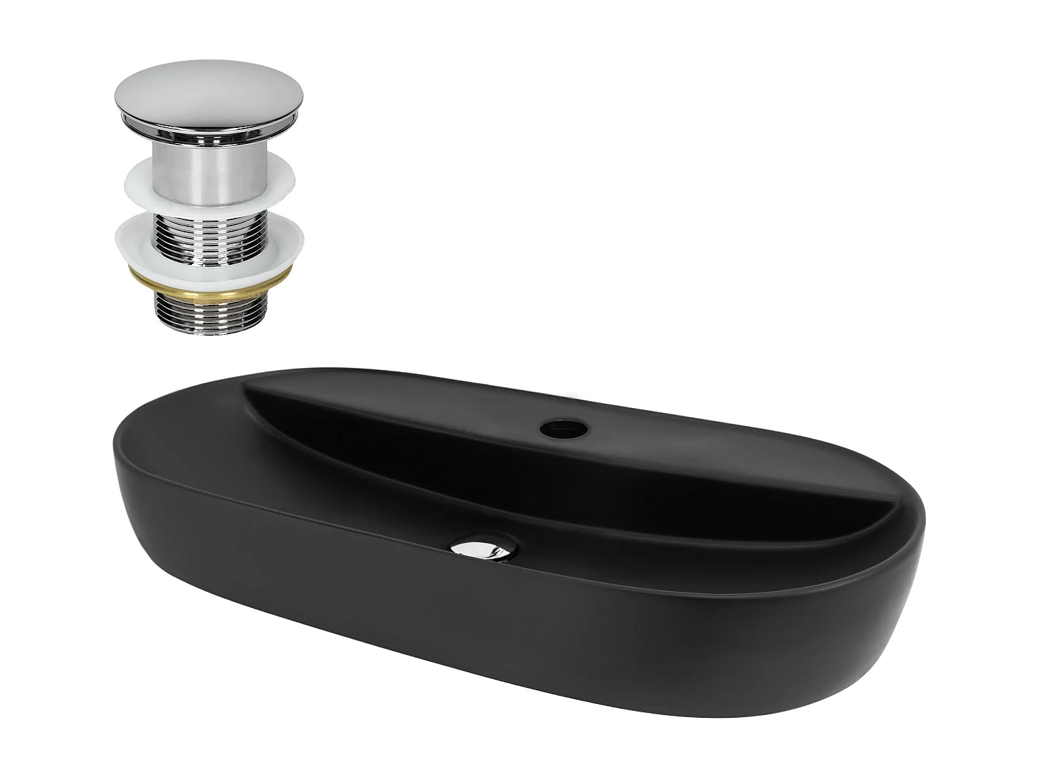 Lavabo ovalado negro cerámico con desagüe cromado 800 x 400 x 120 mm para baño