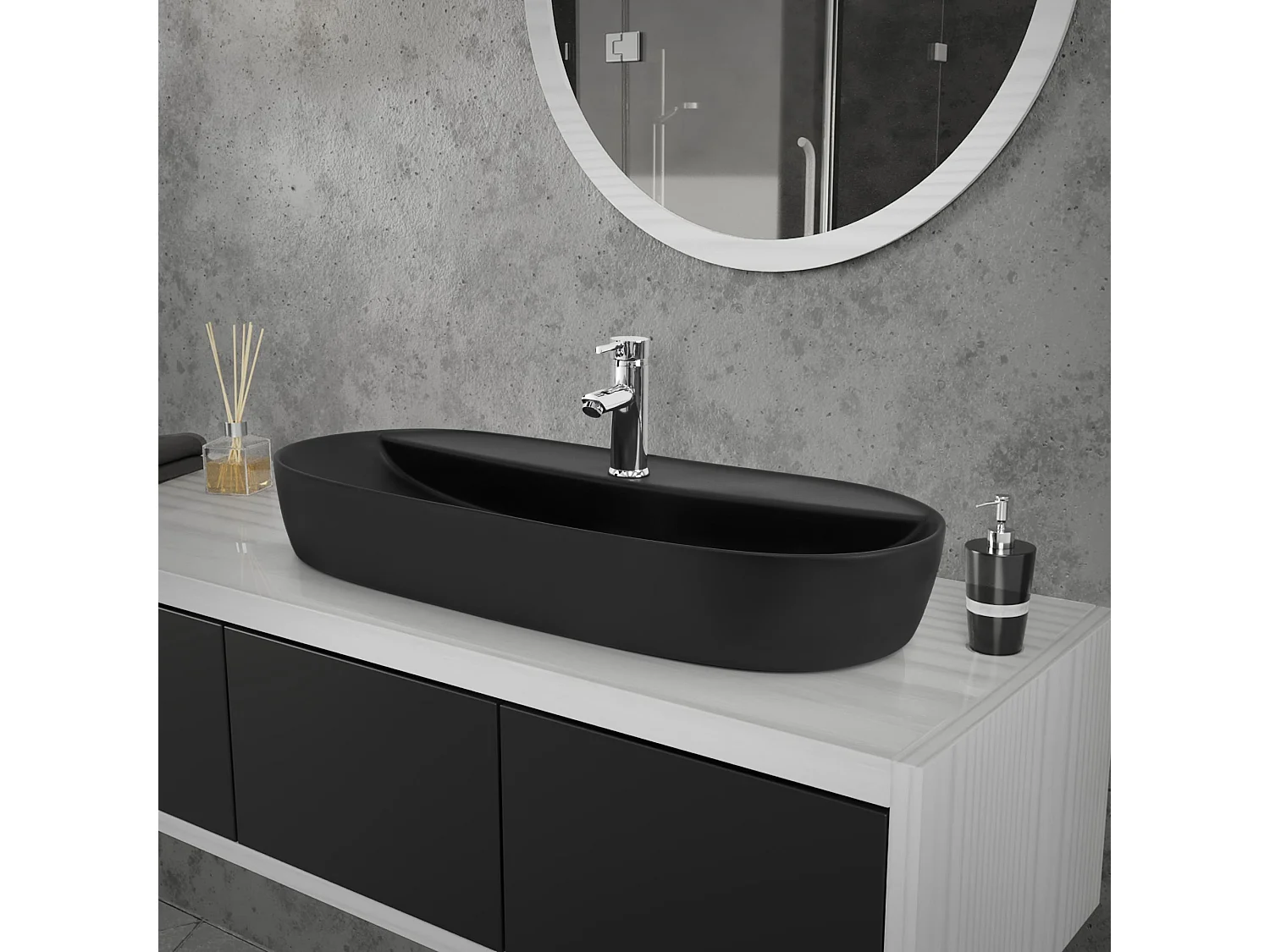 Lavabo ovalado negro cerámico con desagüe cromado 800 x 400 x 120 mm para baño