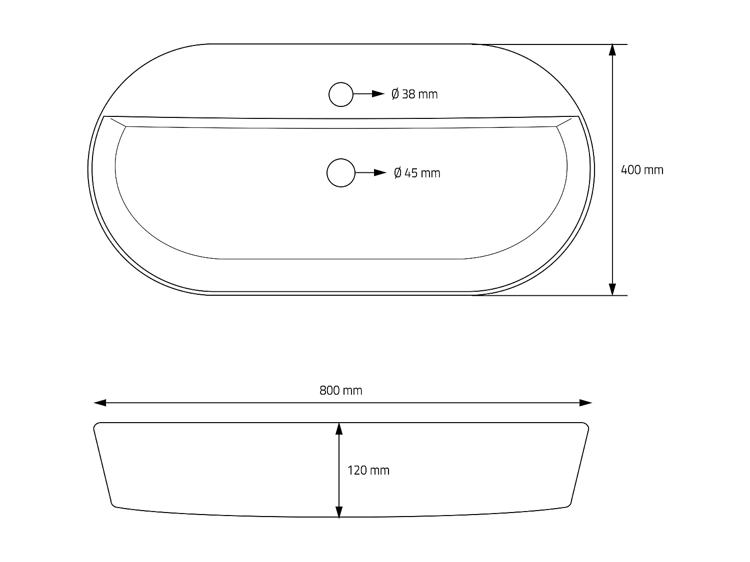 Lavabo ovalado negro cerámico con desagüe cromado 800 x 400 x 120 mm para baño