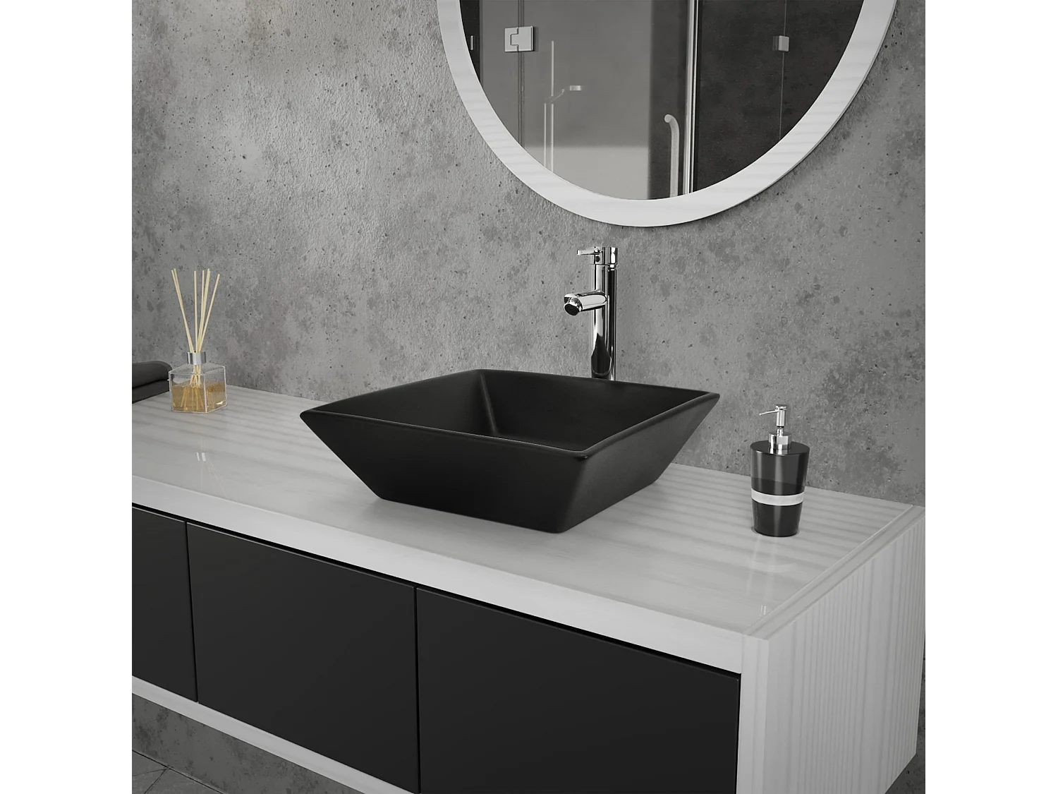 Vasque à poser en céramique noir lavabo avec garniture de vidage ML-DESIGN
