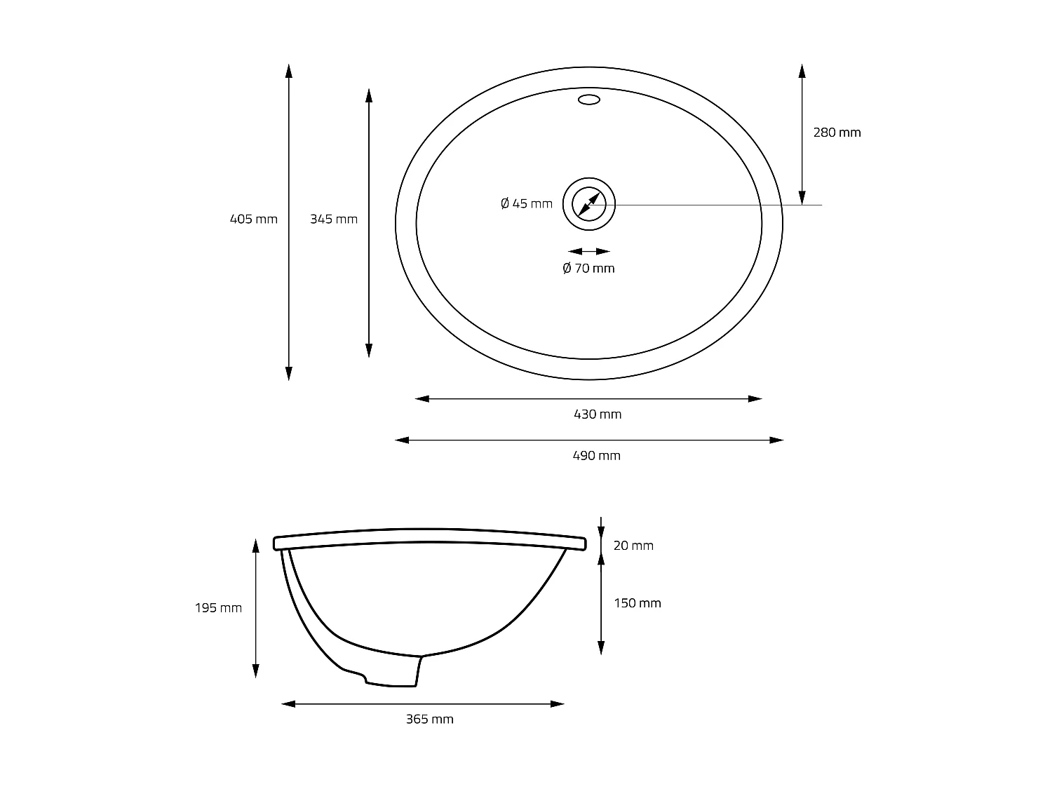 Lavabo in ceramica bianca con scarico a scomparsa e troppopieno ML-DESIGN