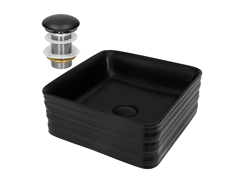 Lavabo de cerámica cuadrado lavamanos y desagüe negro sobre encimera 39x39x15cm