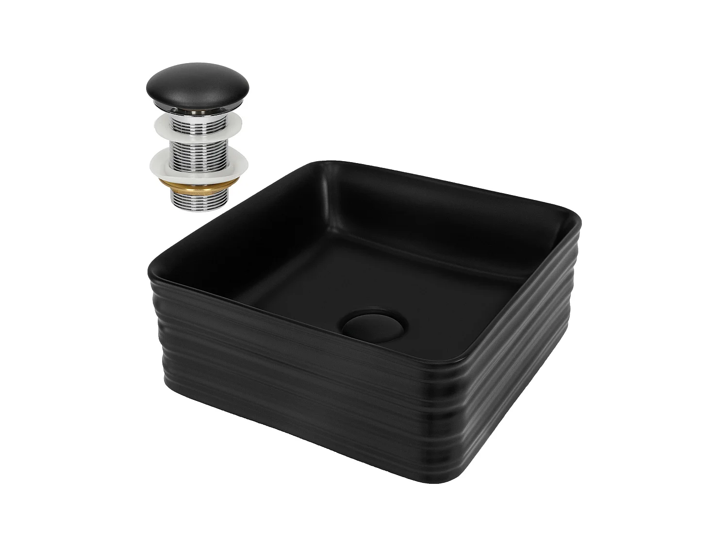 Lavabo de cerámica cuadrado lavamanos y desagüe negro sobre encimera 39x39x15cm