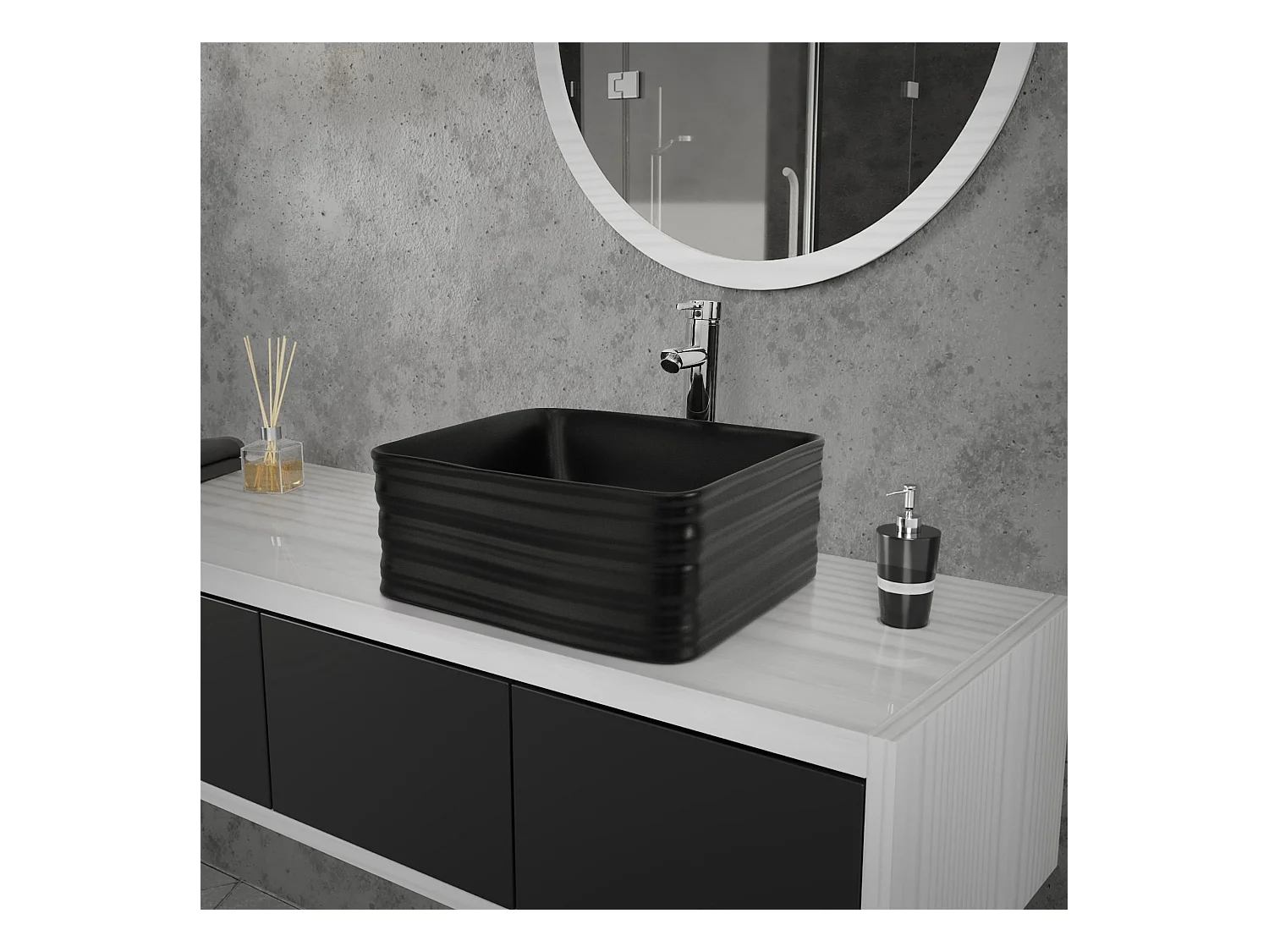 Lavabo de cerámica cuadrado lavamanos y desagüe negro sobre encimera 39x39x15cm