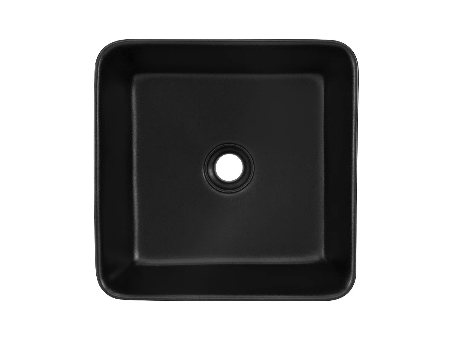 Lavabo de cerámica cuadrado lavamanos y desagüe negro sobre encimera 39x39x15cm