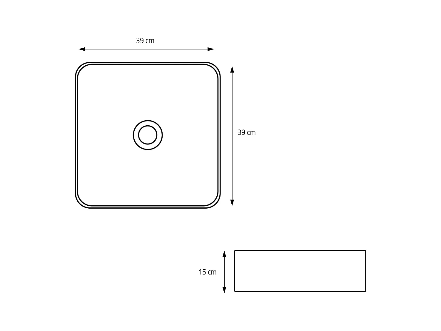 Lavabo de cerámica cuadrado lavamanos y desagüe negro sobre encimera 39x39x15cm