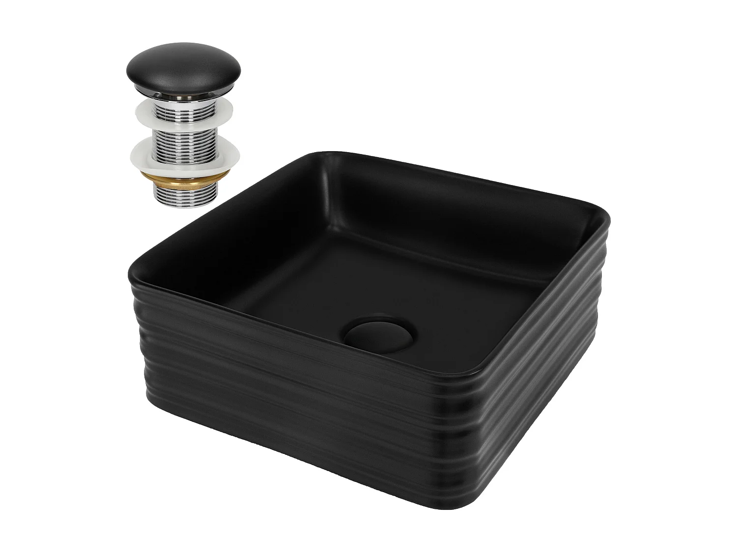 Lavabo de cerámica cuadrado lavamanos y desagüe negro sobre encimera 39x39x15cm