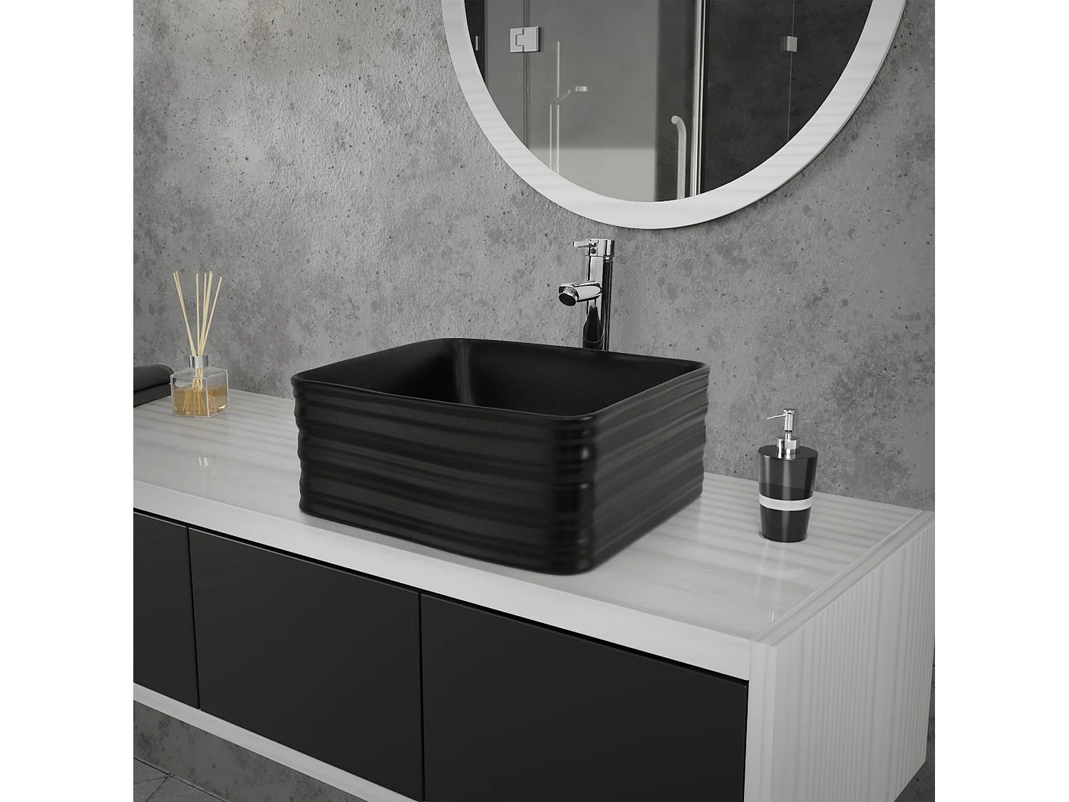 Lavabo de cerámica cuadrado lavamanos y desagüe negro sobre encimera 39x39x15cm