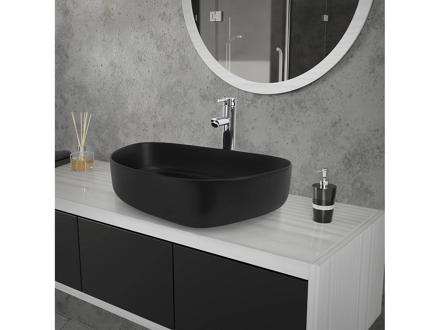 Vasque à poser en céramique lavabo avec garniture de vidange noir 550 x 420 mm
