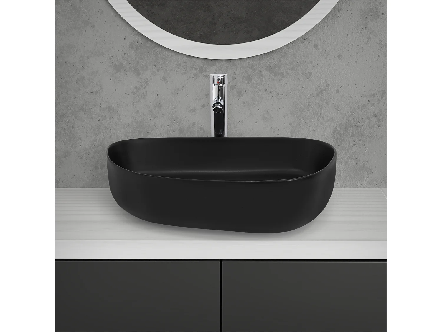 Vasque à poser en céramique lavabo avec garniture de vidange noir 550 x 420 mm