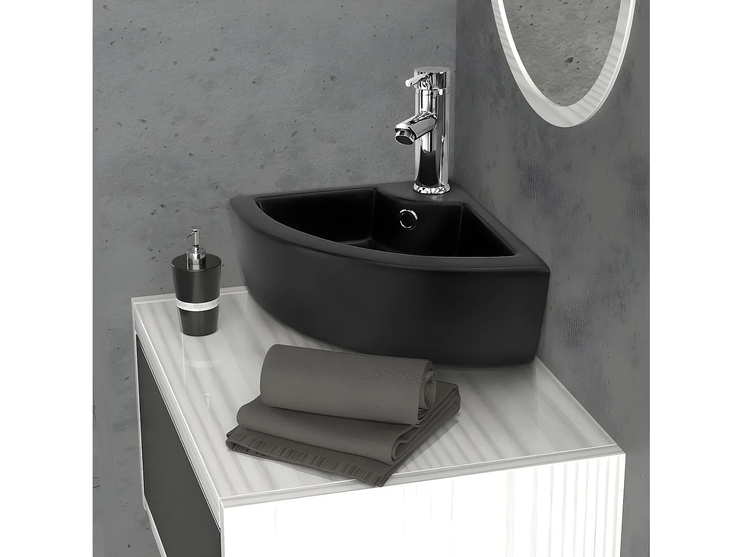 Lavabo esquinero negro de cerámica con rebosadero 460 x 330 x 130 mm para baño