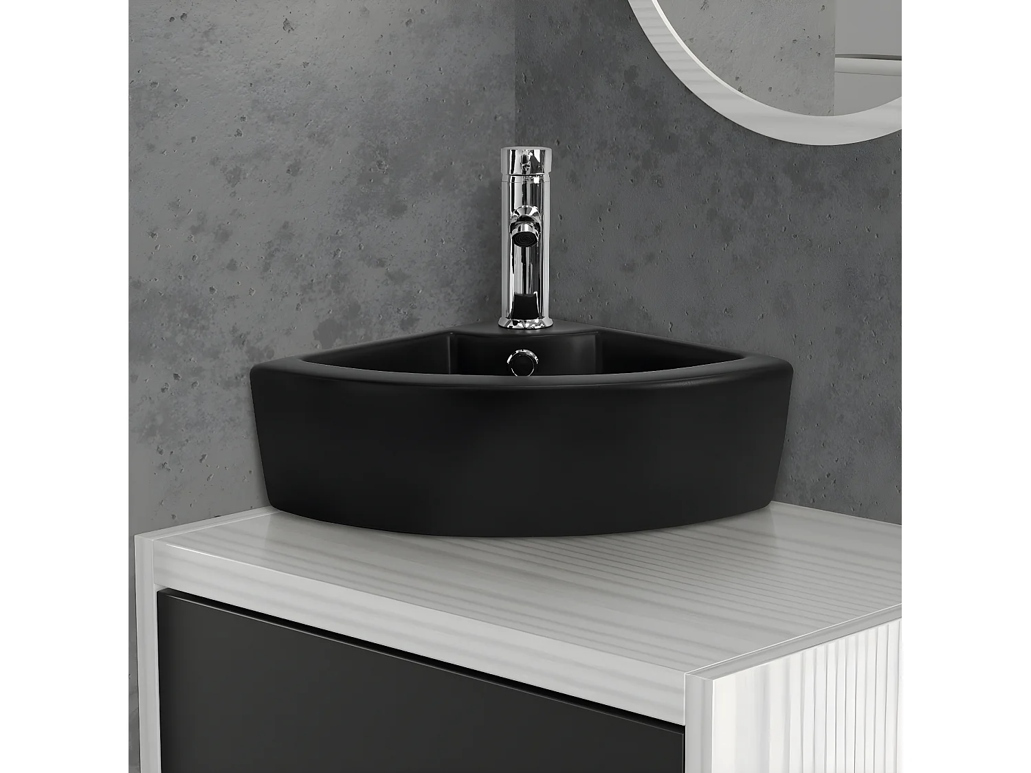 Lavabo esquinero negro de cerámica con rebosadero 460 x 330 x 130 mm para baño