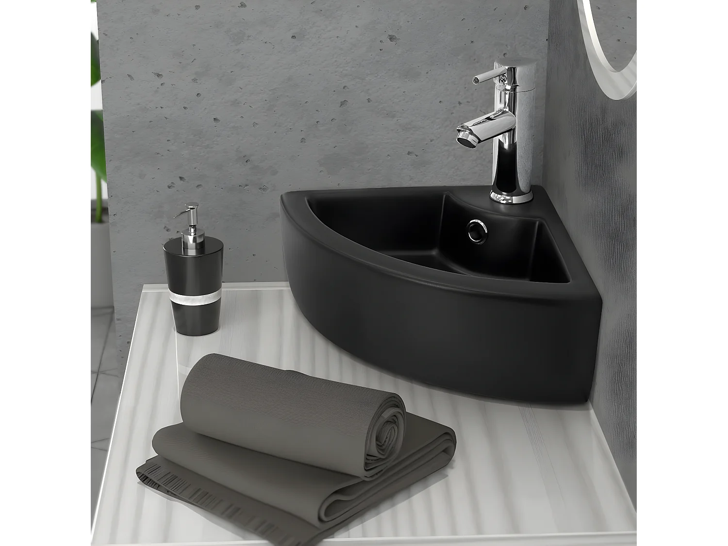 Lavabo esquinero negro de cerámica con rebosadero 460 x 330 x 130 mm para baño