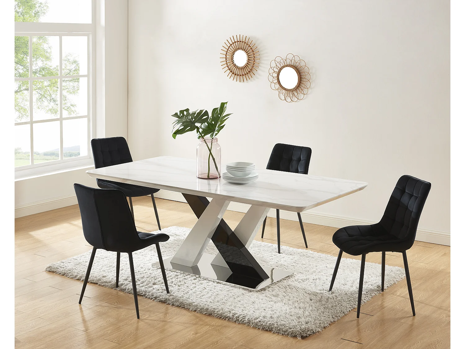 Table à manger 8 personnes en MDF et acier inoxydable - Effet marbre blanc et noir - EVAELA