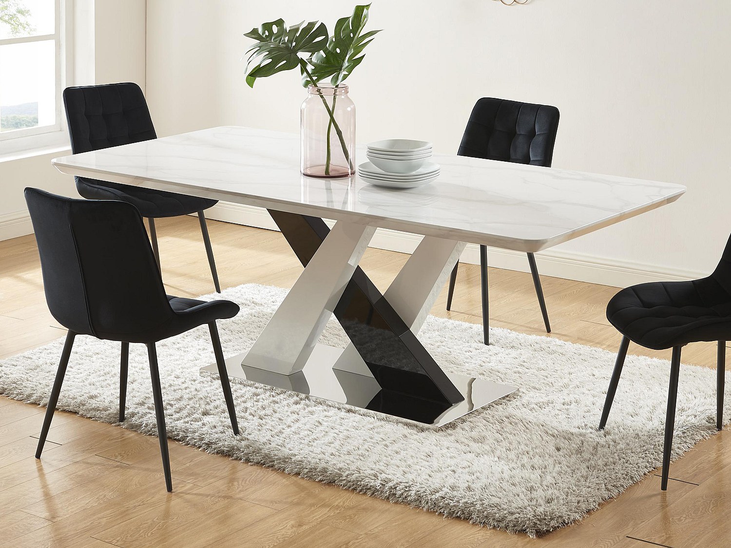 Spisebord for 8 personer i MDF og rustfritt stål - Hvit og svart marmoreffekt - EVAELA