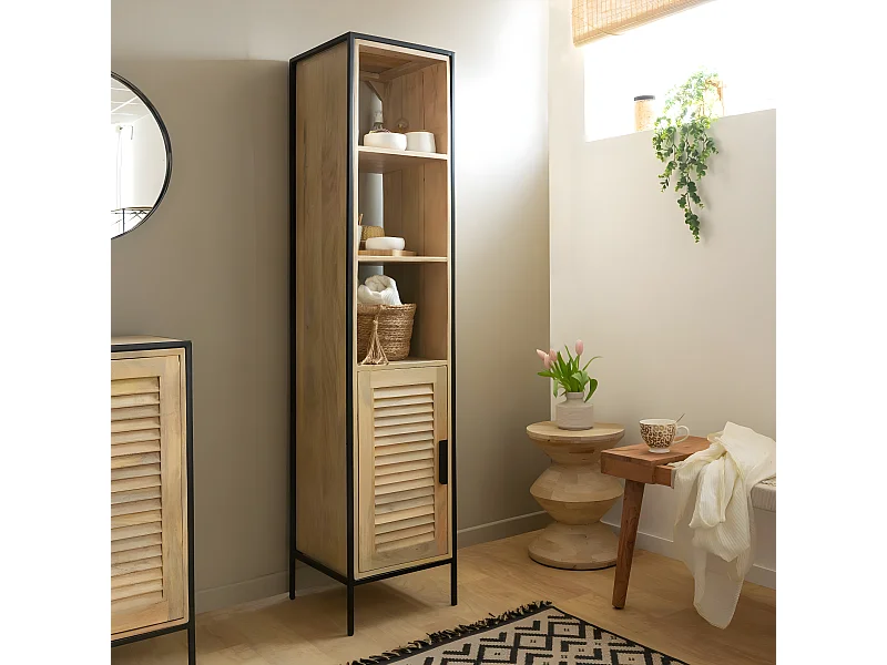 Columna de madera de mango Coralie - Estilo industrial, 3 compartimentos abiertos y 1 cerrado