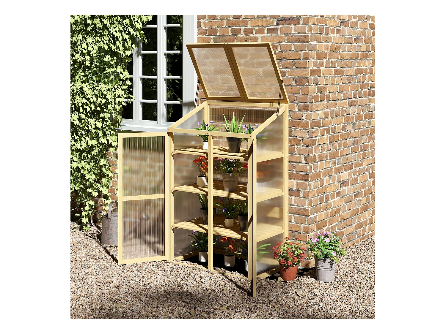 Mini serre de jardin en polycarbonate cadre en bois 3 étagères dim. 80L x 50l x 130H cm double porte toit ouvrant bois de sapin autoclave