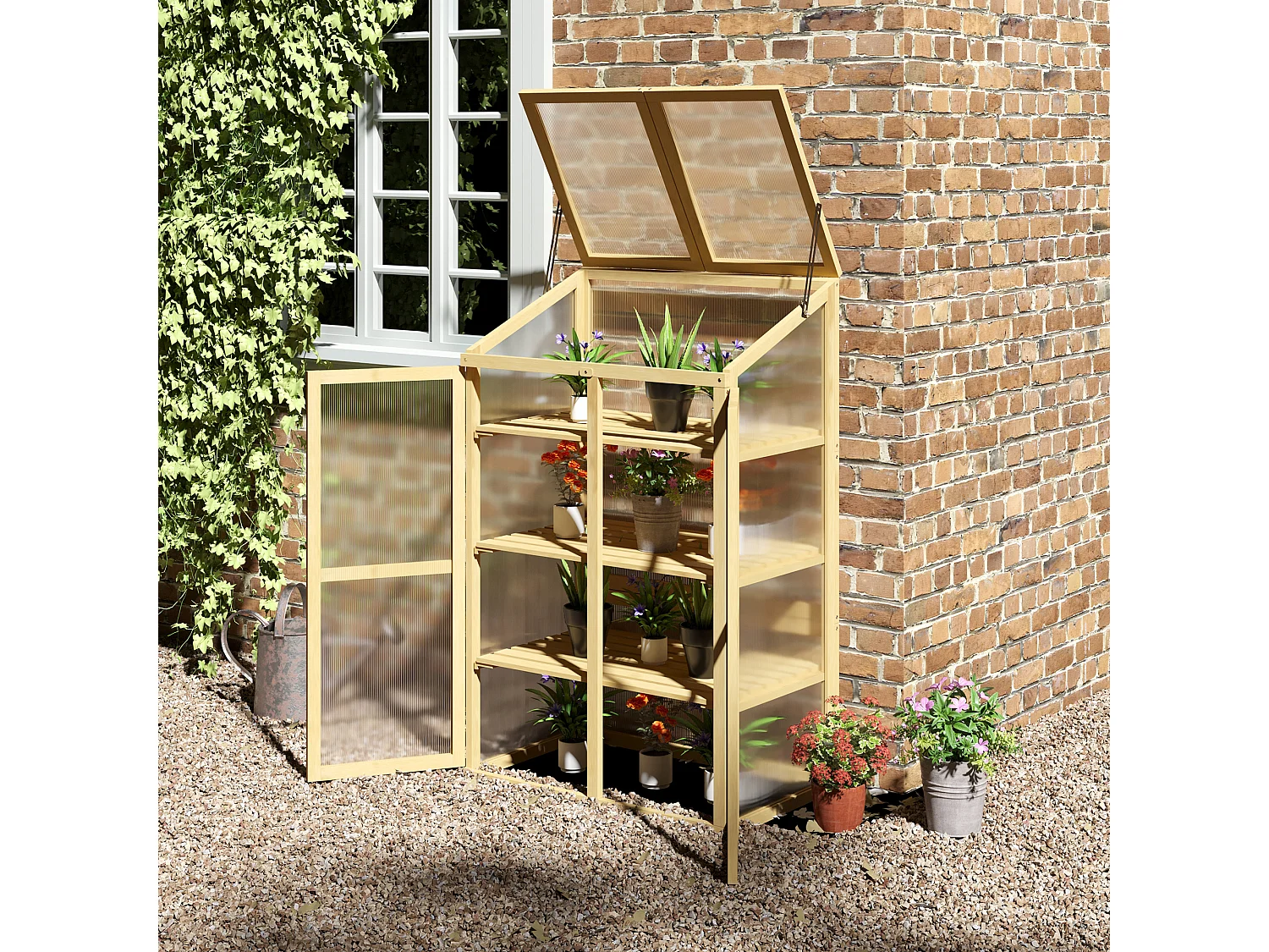 Mini serre de jardin en polycarbonate cadre en bois 3 étagères dim. 80L x 50l x 130H cm double porte toit ouvrant bois de sapin autoclave