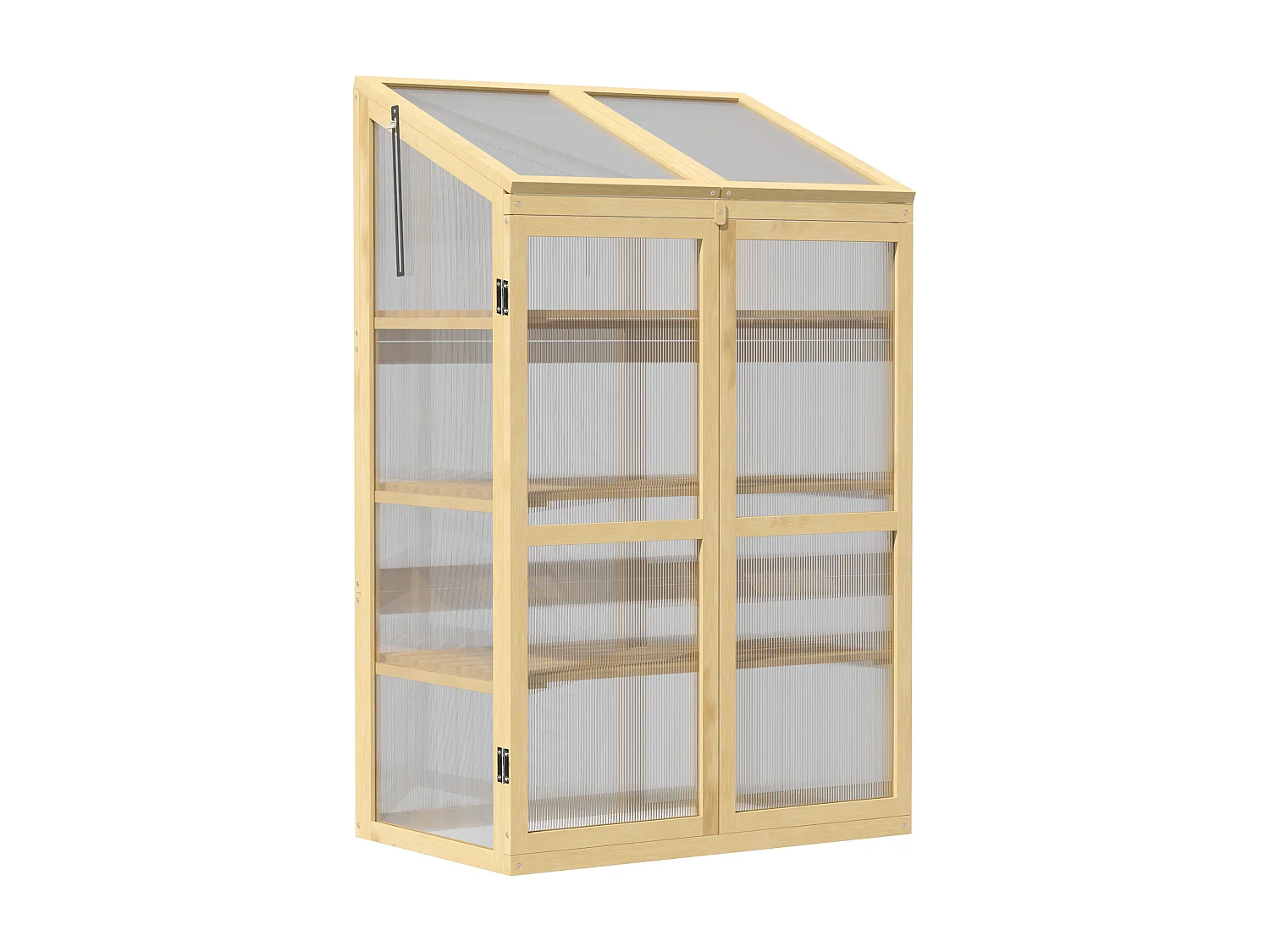 Mini serre de jardin en polycarbonate cadre en bois 3 étagères dim. 80L x 50l x 130H cm double porte toit ouvrant bois de sapin autoclave