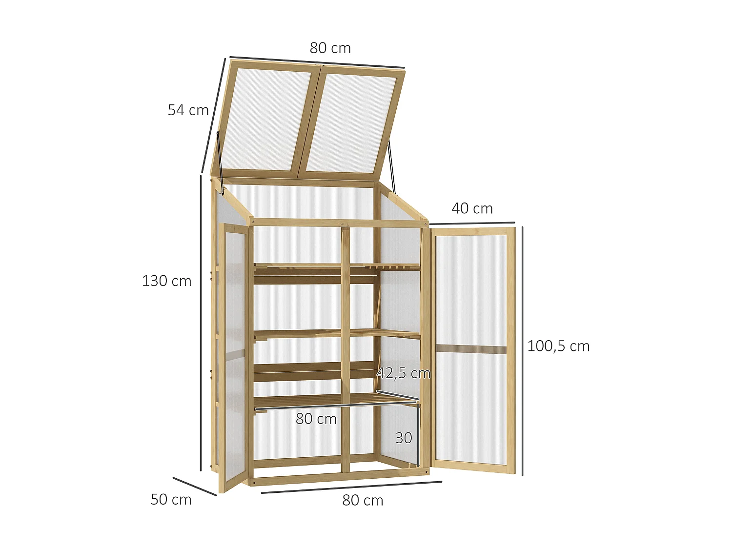 Mini serre de jardin en polycarbonate cadre en bois 3 étagères dim. 80L x 50l x 130H cm double porte toit ouvrant bois de sapin autoclave