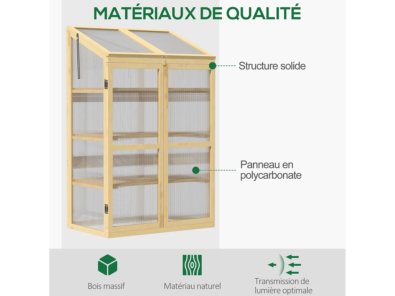 Mini serre de jardin en polycarbonate cadre en bois 3 étagères dim. 80L x 50l x 130H cm double porte toit ouvrant bois de sapin autoclave