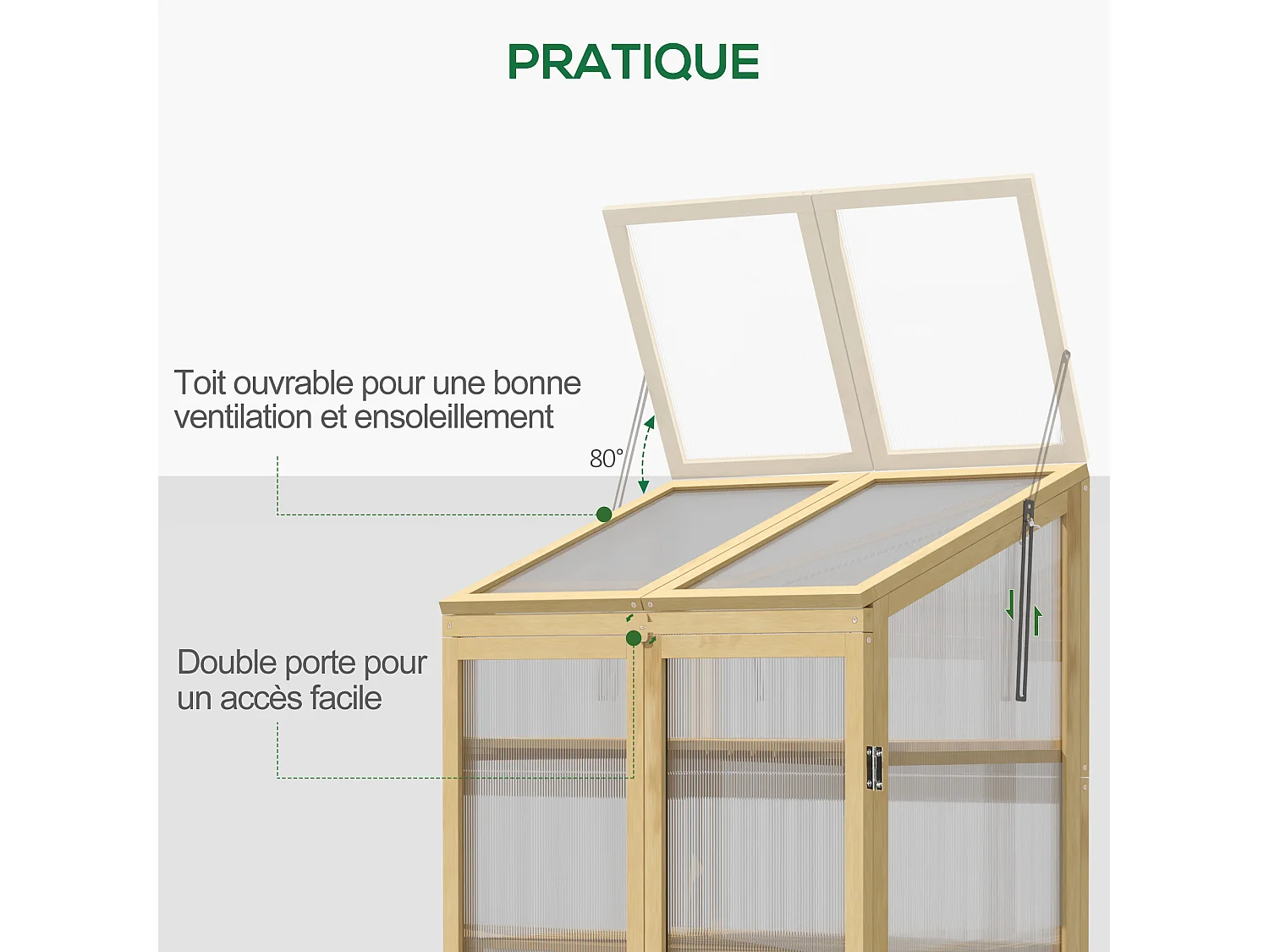 Mini serre de jardin en polycarbonate cadre en bois 3 étagères dim. 80L x 50l x 130H cm double porte toit ouvrant bois de sapin autoclave